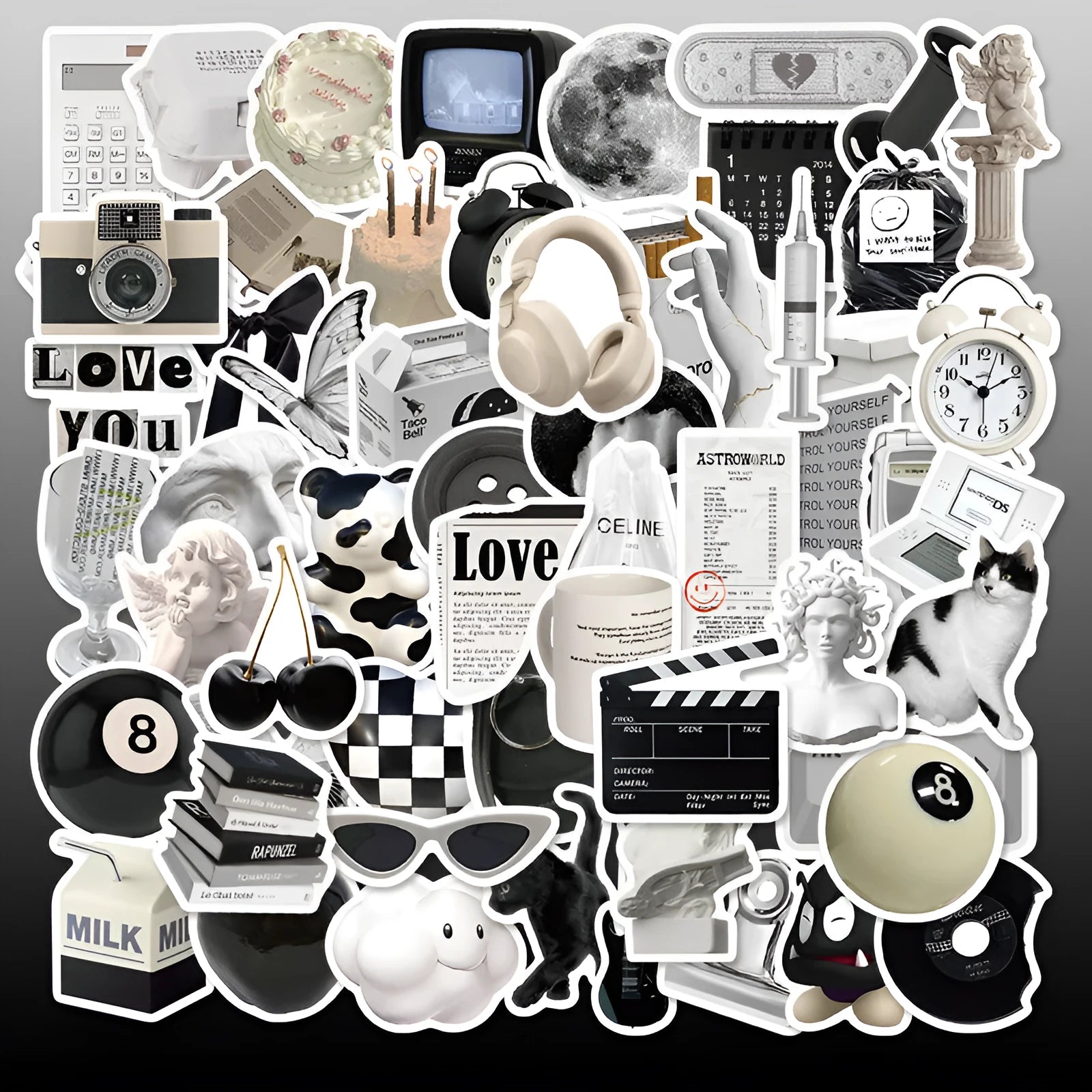 A pack of 61 black and white simple design waterproof PVC stickers for laptops and luggage.