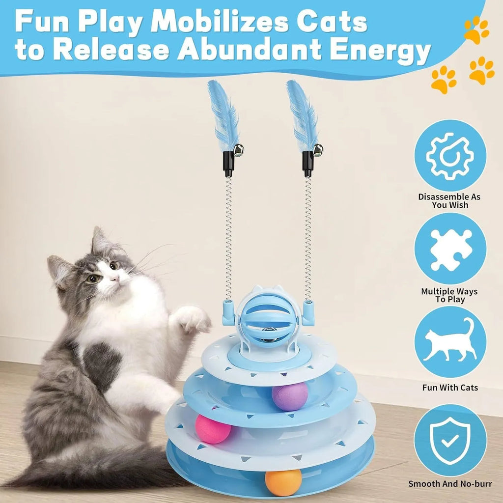 Blue four-tier interactive cat carousel toy with balls and teasing rods on a non-slip base.