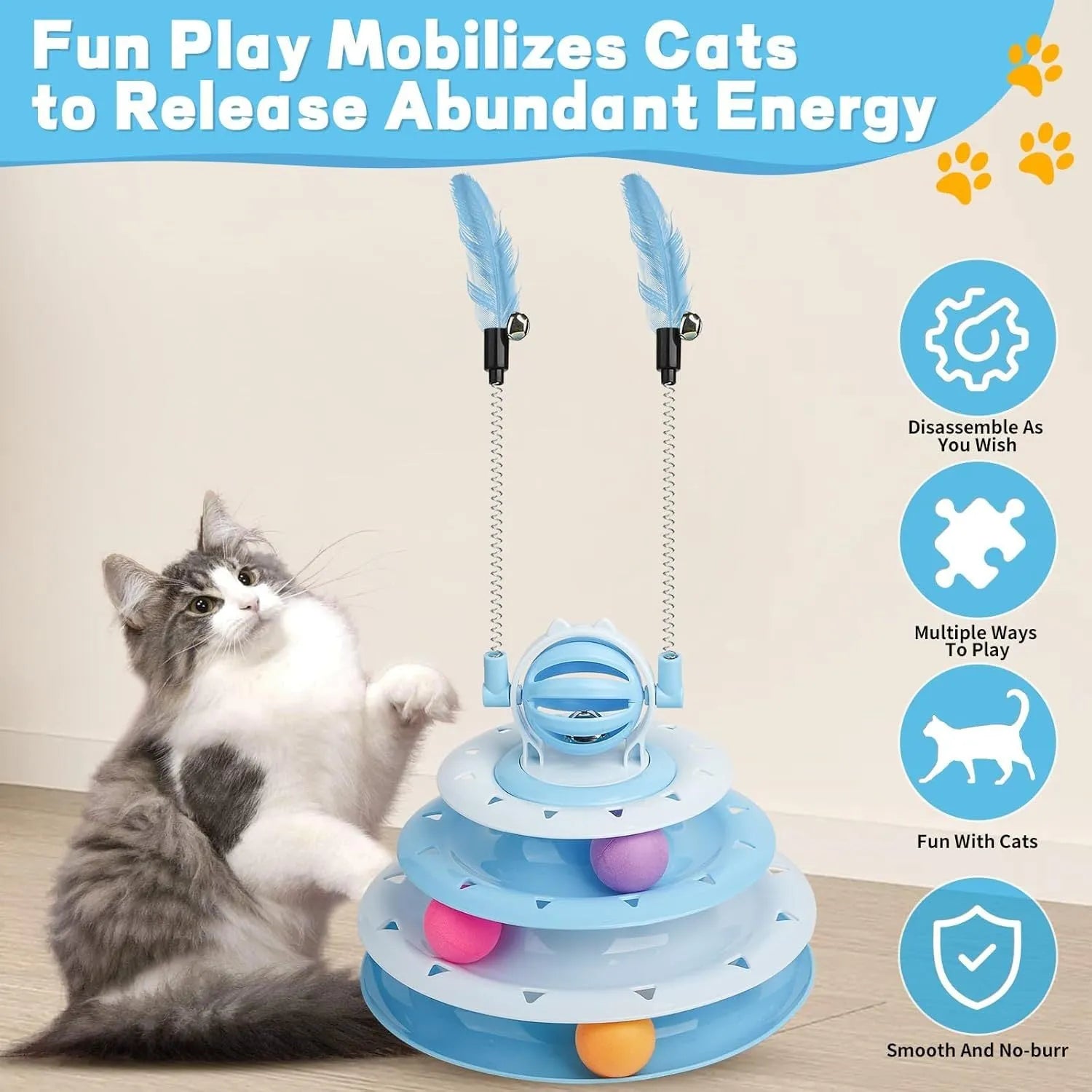 Blue four-tier interactive cat carousel toy with balls and teasing rods on a non-slip base.