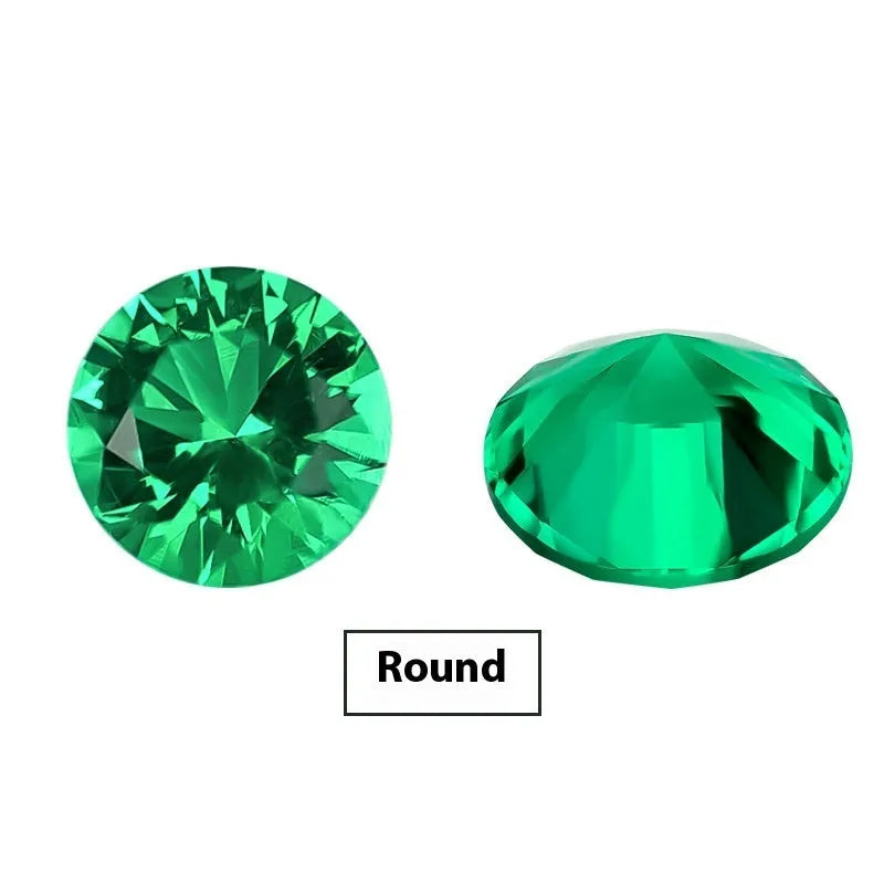 Columbia green cultivated emerald synthetic gemstone in round and emerald cut shapes