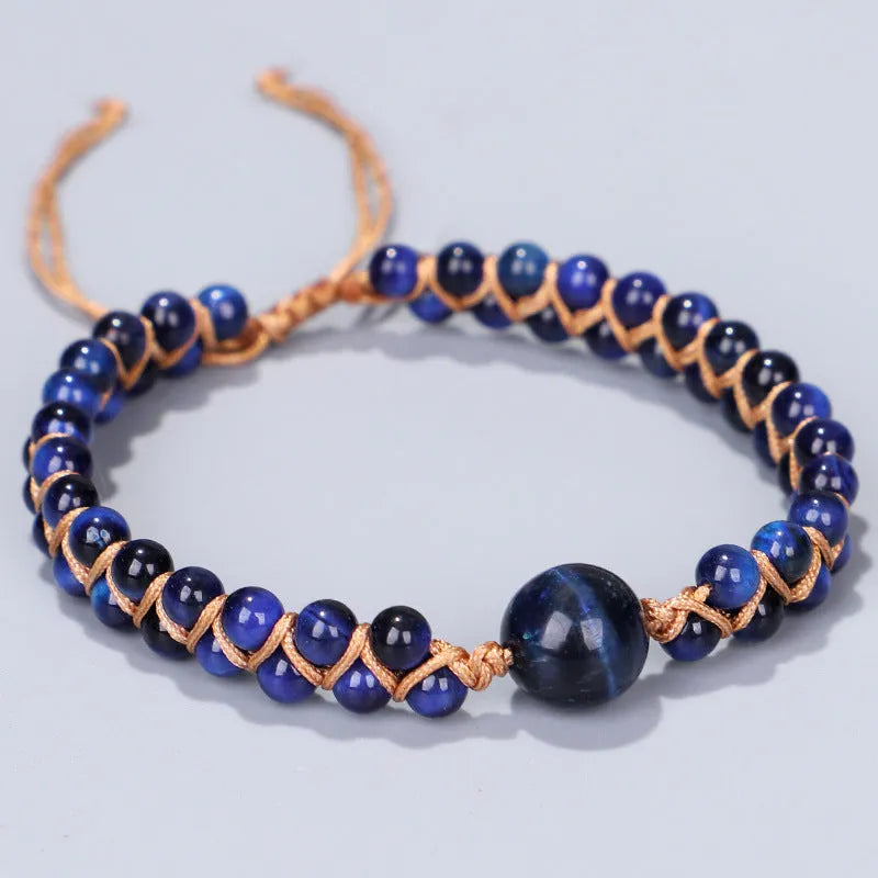 Handmade woven pull bracelet with geometric pattern in Tigereye or Amethyst stone beads
