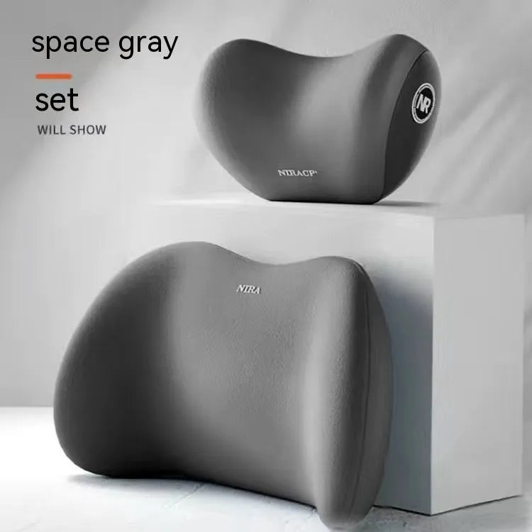 Black memory foam car headrest and lumbar support pillow set with milk silk cover.