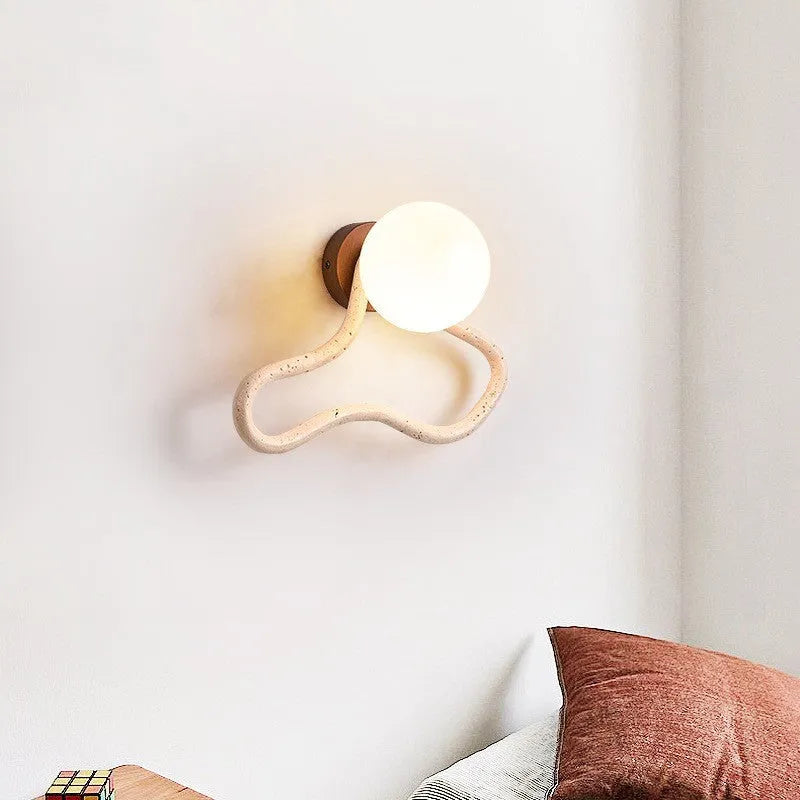Middle Ancient style cream bedroom wall lamp with white travertine glass lampshade and solid wood base