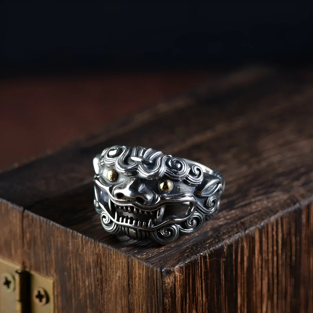 Silver open ring with Jibeast pattern and animal zodiac modelling diamond detail
