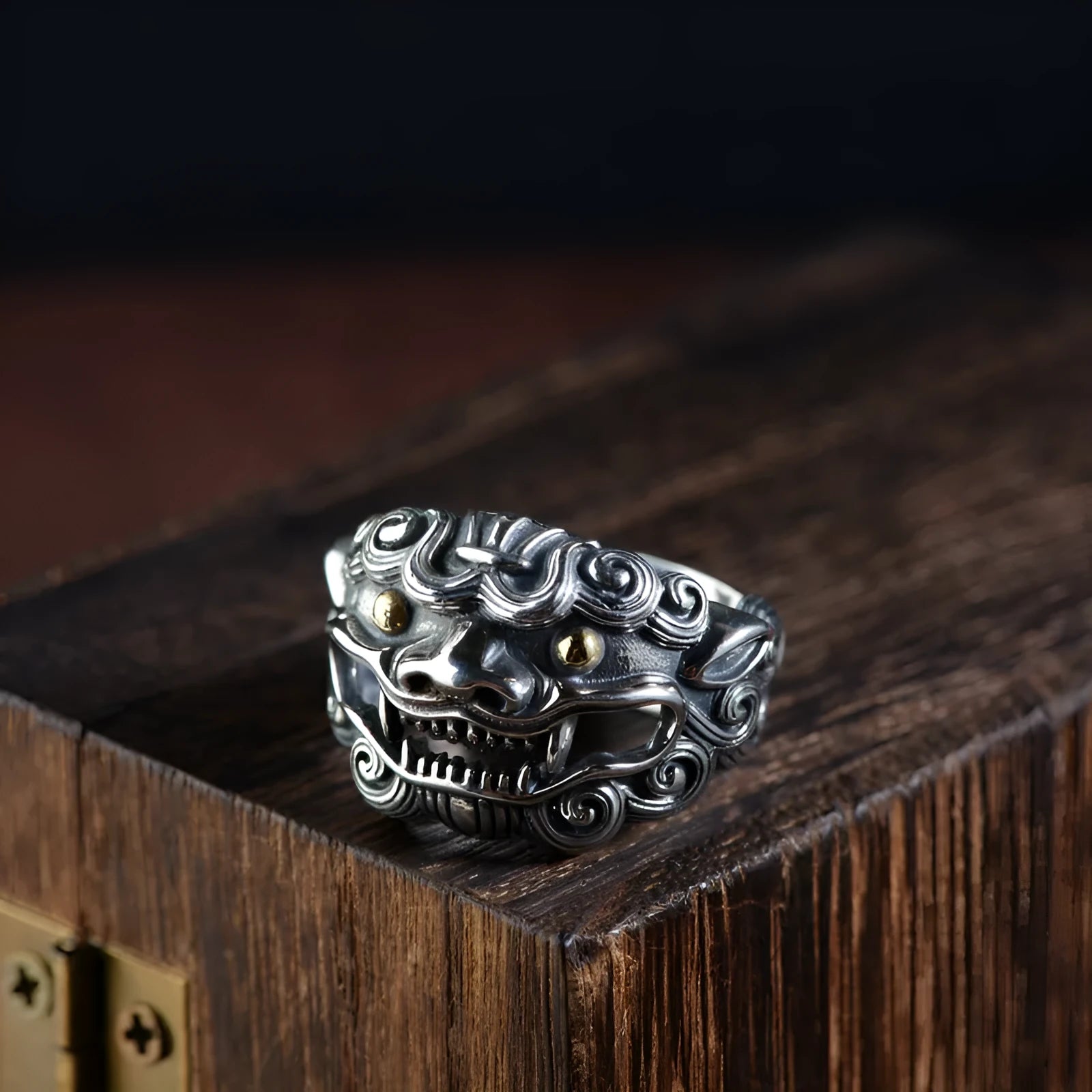 Silver open ring with Jibeast pattern and animal zodiac modelling diamond detail