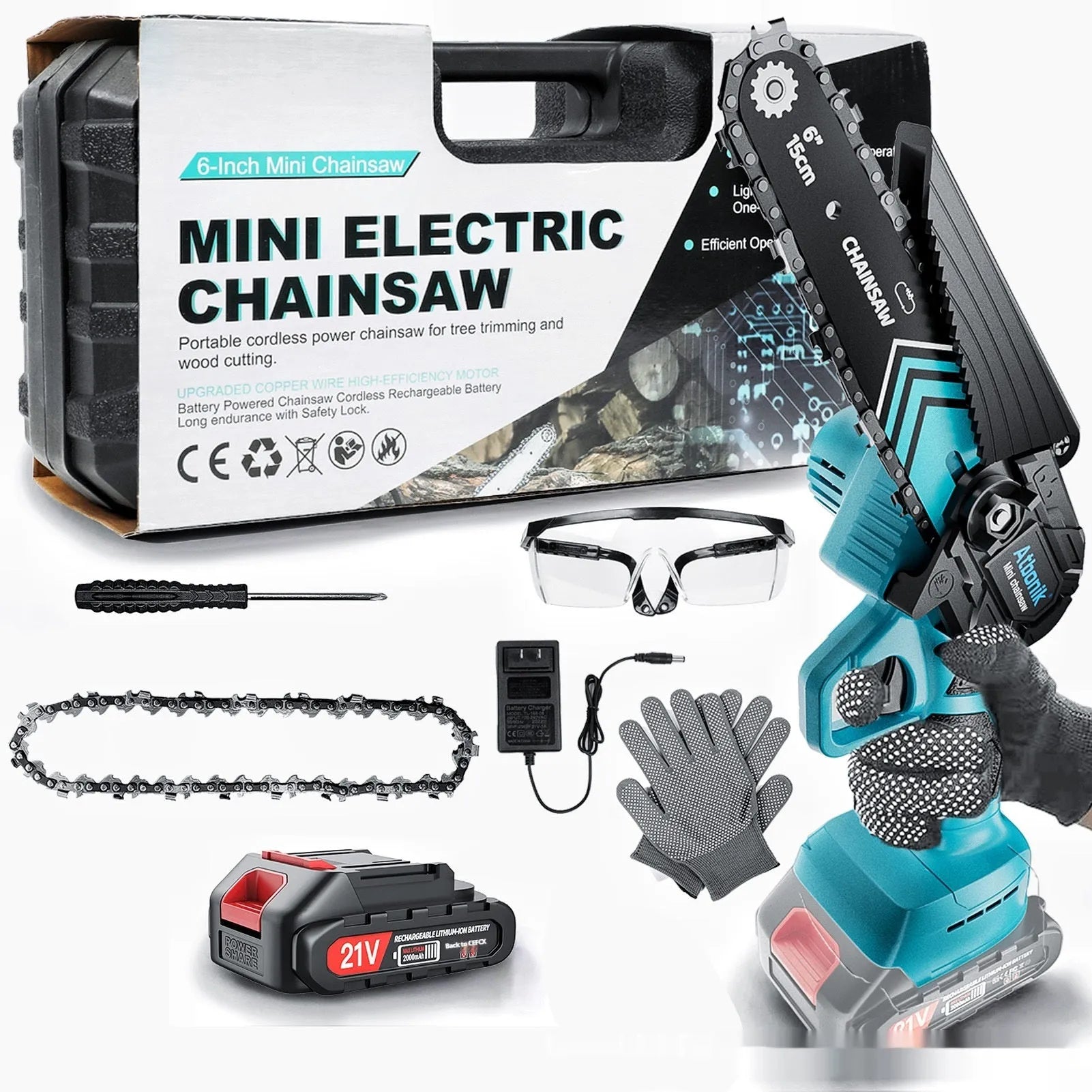 6-inch handheld cordless electric chainsaw with two batteries, safety goggles, gloves, and tools in a storage box