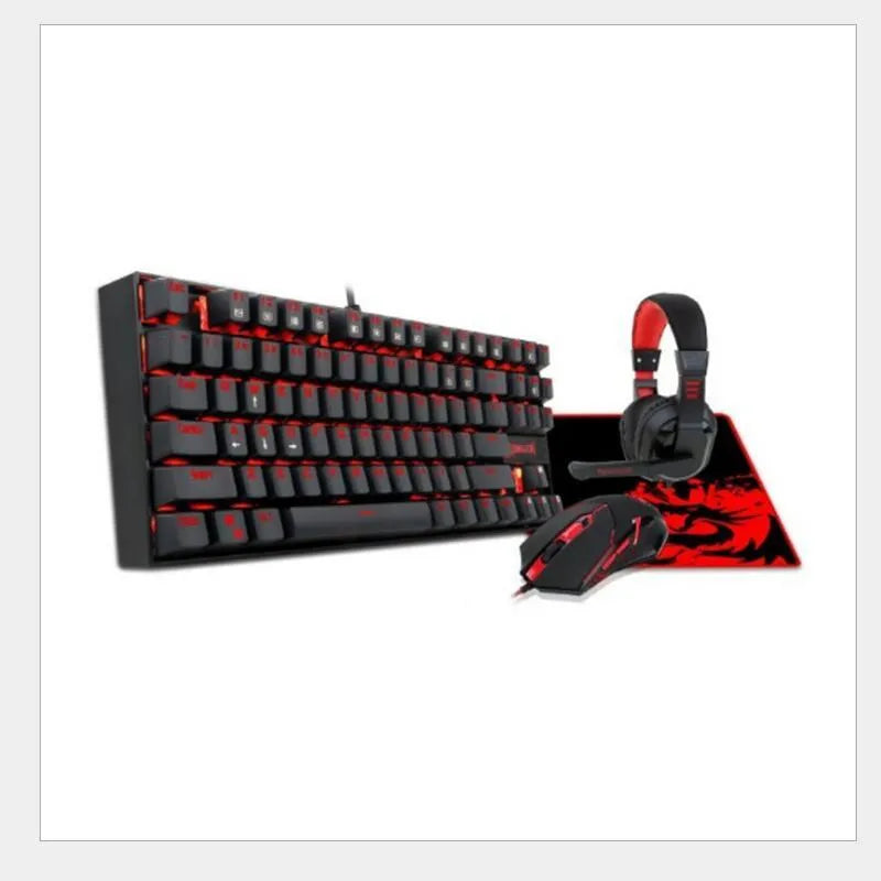 Monochrome luminous wired mechanical gaming keyboard set with green axis switches, aluminium alloy body, includes mouse and headphones