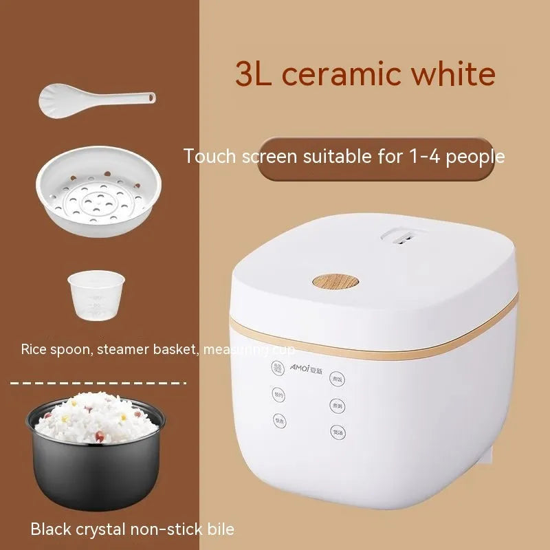 White or beige 3L multi-function rice cooker with accessories on kitchen counter