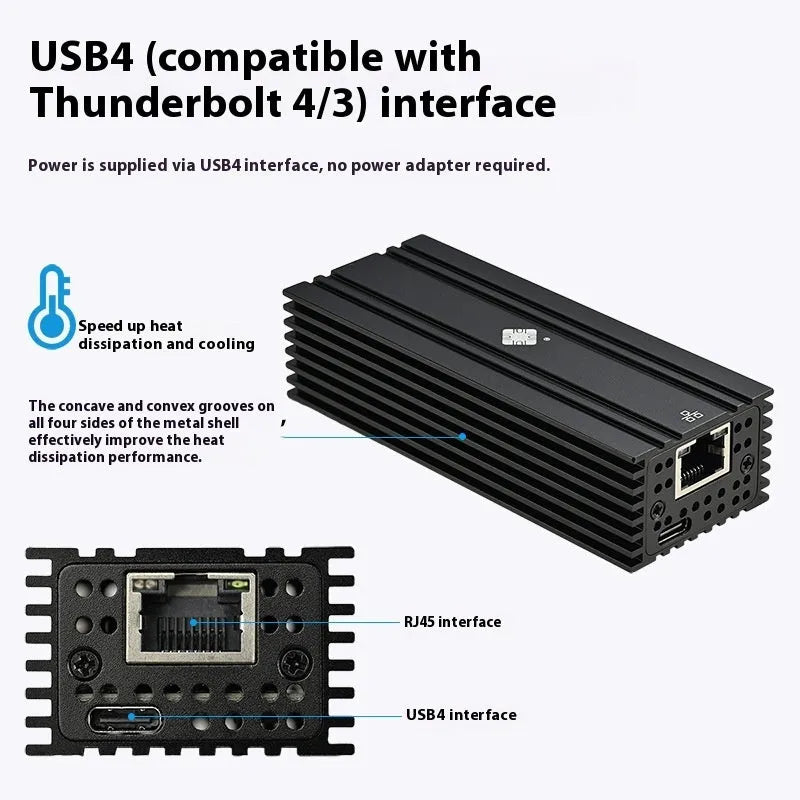Black USB4 10 Gigabit Ethernet adapter with 20cm cable and RJ45 port