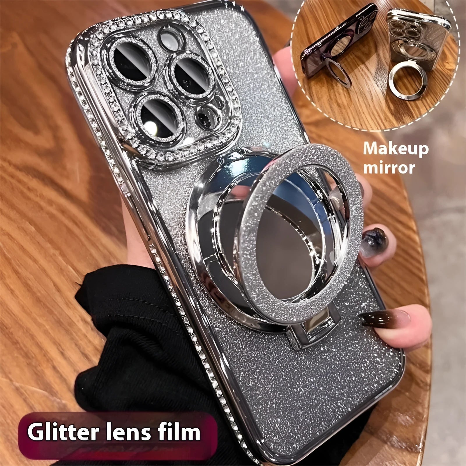 Gradient glitter phone case for iPhone with a built-in flip-out makeup mirror on a stand.