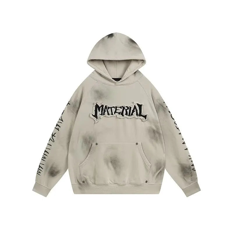 American vintage distressed graffiti hoodie in black, loose fit pullover, long sleeve, polyester fabric