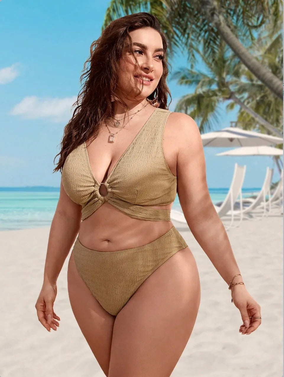 Women's polyester solid colour brown loose swimsuit suit, sleeveless briefs style, sizes 0XL to 4XL