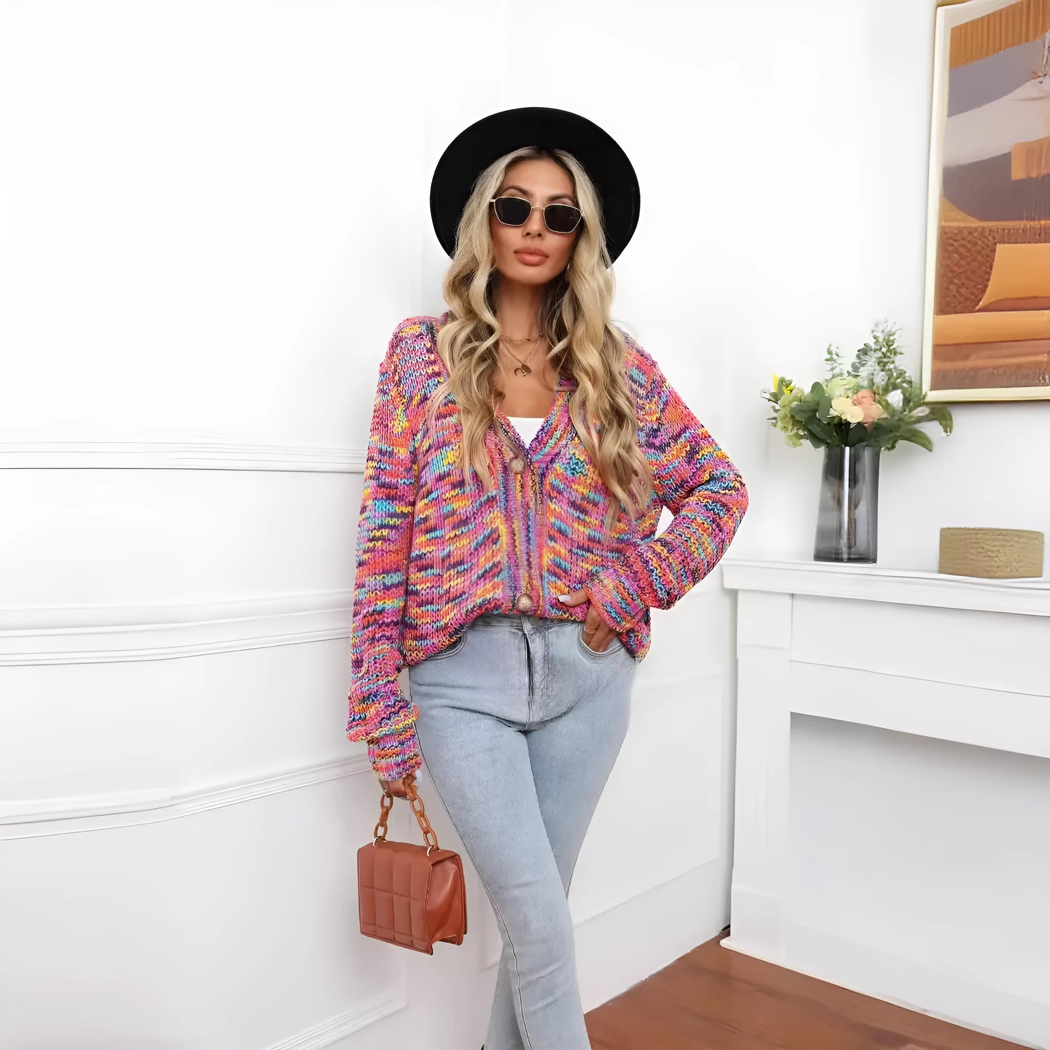 Rose red loose fit short cardigan coat with rainbow striped pattern on a hanger.