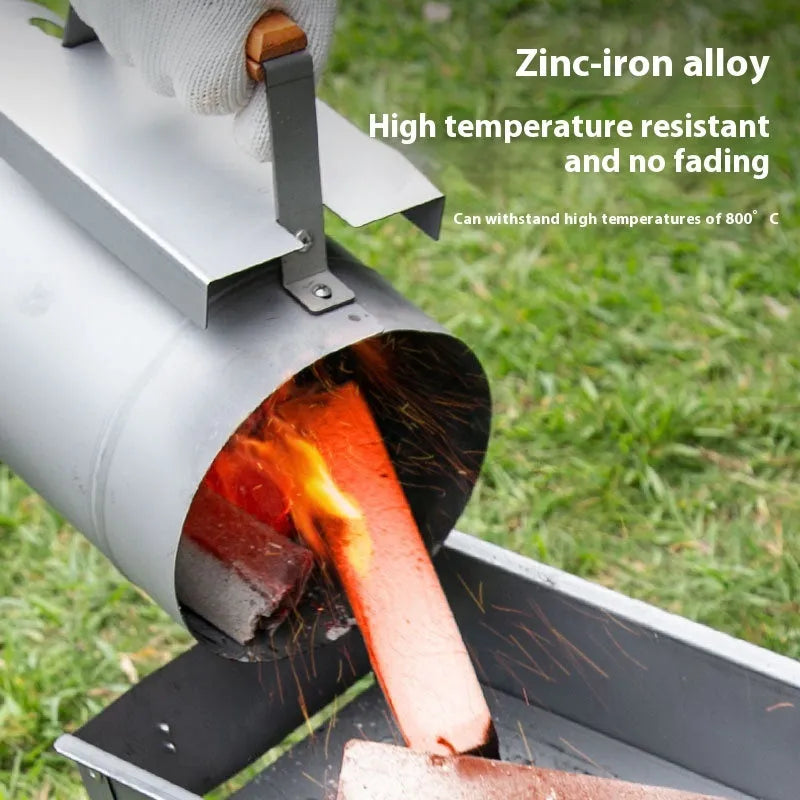Zinc-iron alloy outdoor barbecue charcoal igniter tool with Point Carbon Barrel design on a grey background.