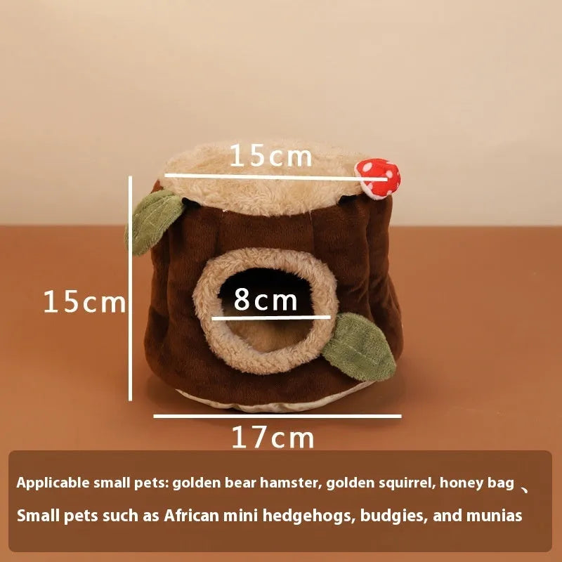 Brown cloth hanging stump nest for rabbits, shown in small, medium, and large sizes.