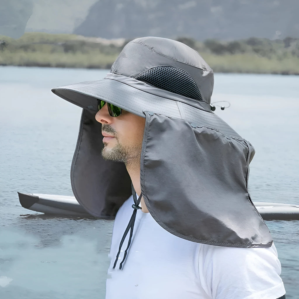 Nylon fisherman hat with neck sun protection flap in camouflage pattern