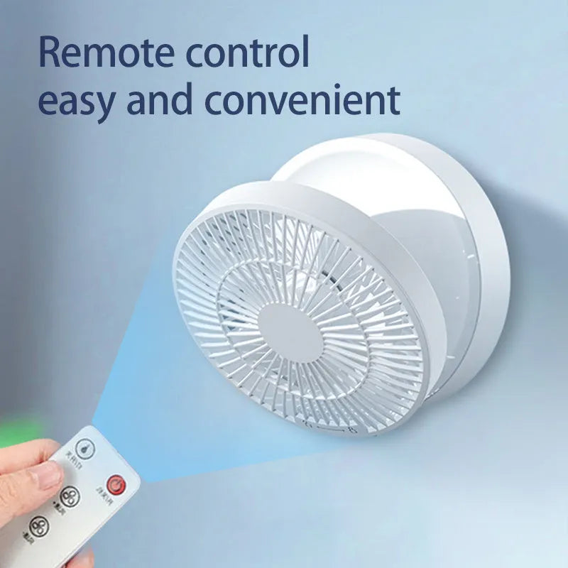 White portable folding fan with remote control showing 90° angle adjustment and detachable cover