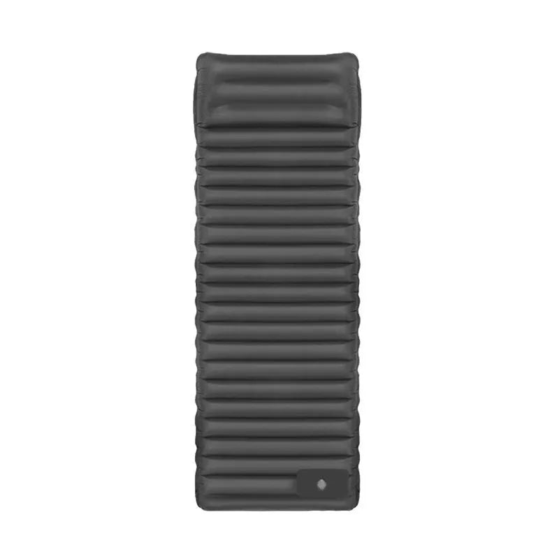 Single inflatable camping mattress in grey colour, shown expanded to its full size.