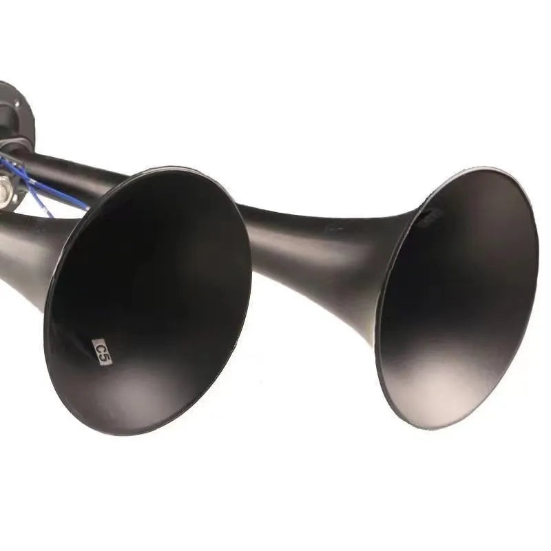 Black dual trumpet super loud 300dB air horn and compressor kit for 12V and 24V vehicles.