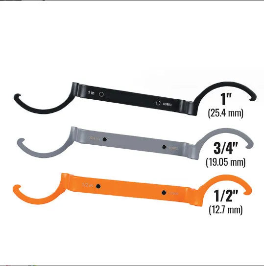 Crescent magnetic suction wrench catheter locking three-piece spanner set in orange, grey, and black.