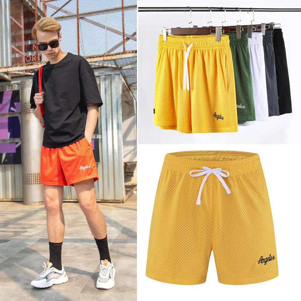 Men's double-layer mesh shorts in black, shown from the front, suitable for summer sports and casual wear.