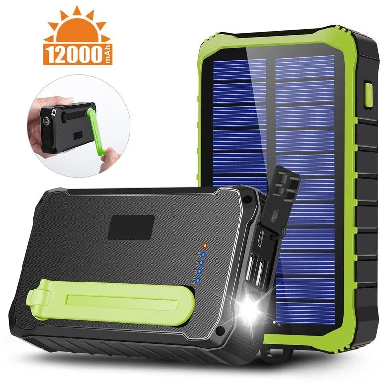 Orange and green hand solar mobile power bank with solar panel and hand crank showing dual USB ports