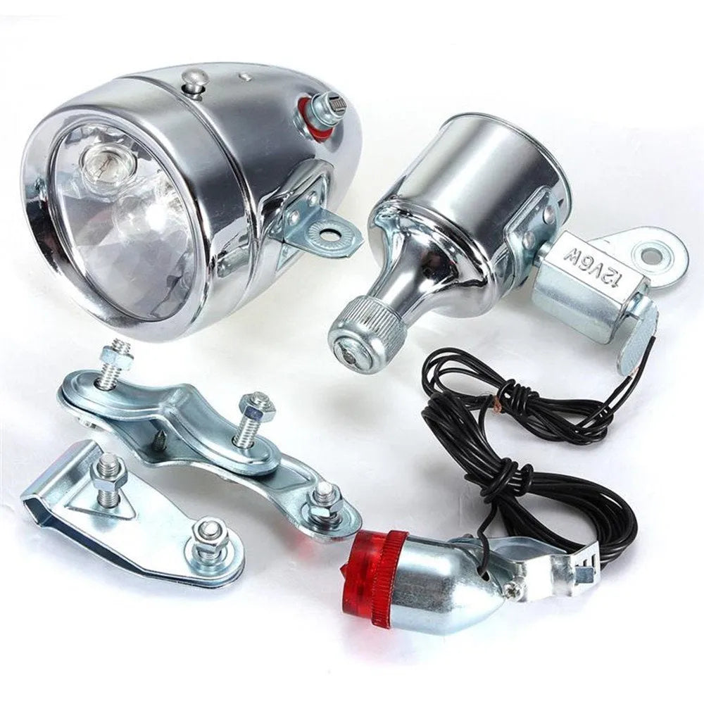 Silver bicycle dynamo generator light kit for front fork or rear frame mounting with 12V and 6V options
