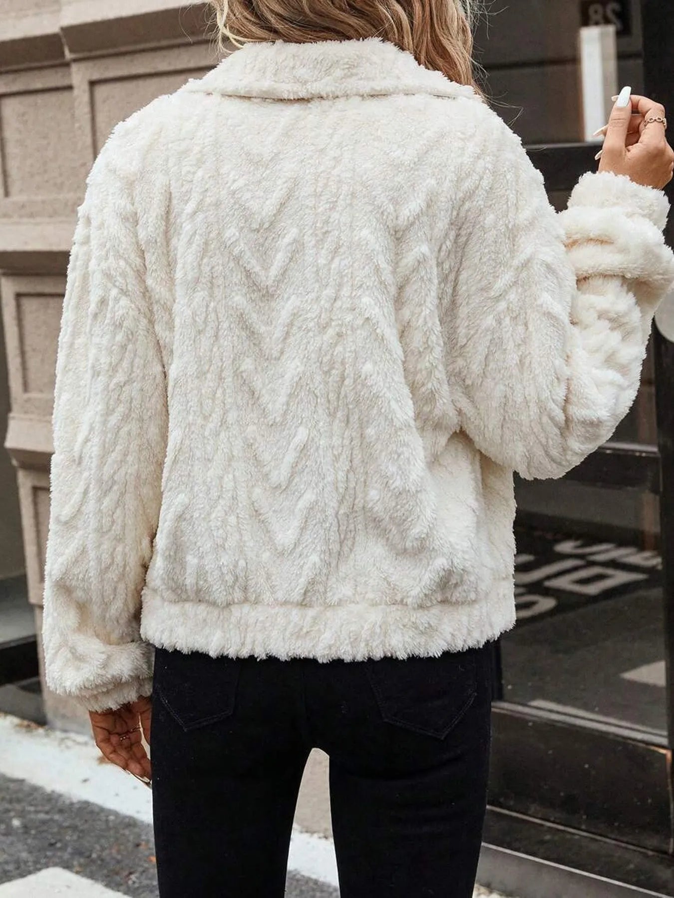 Ivory white women's cardigan jacket with button front and long sleeves