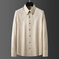 Coffee coloured striped men's long-sleeved shirt with a slim fit and wool lining.