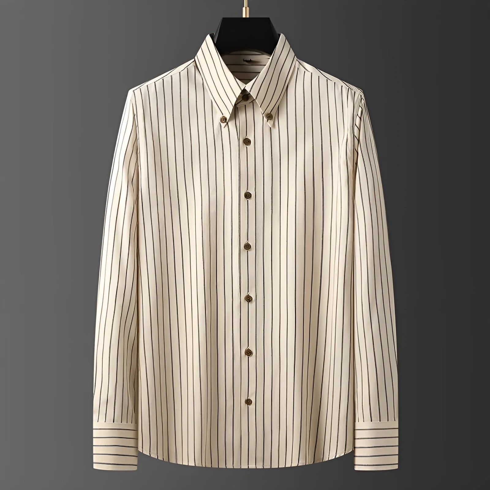 Coffee coloured striped men's long-sleeved shirt with a slim fit and wool lining.
