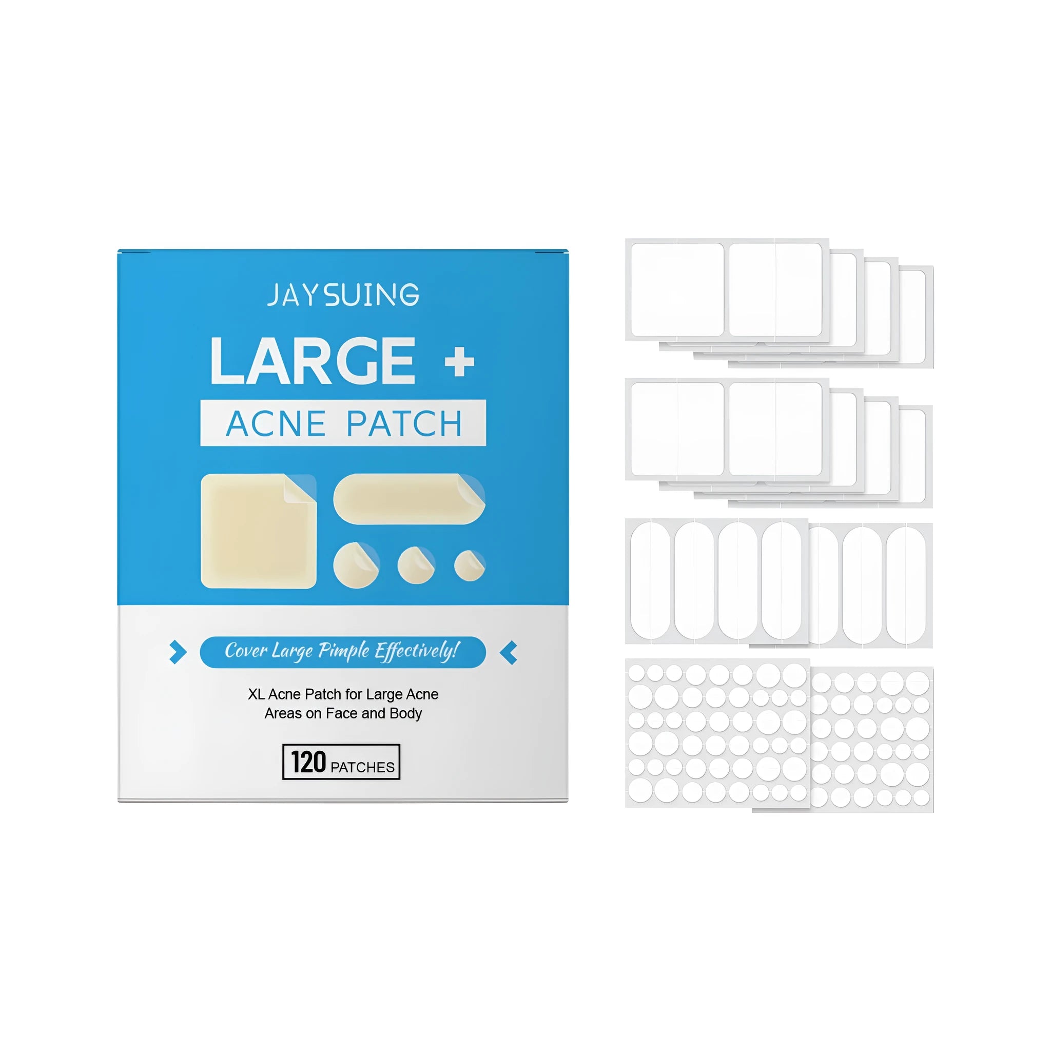 Box of 120 transparent hydrocolloid acne patches with tea tree oil and mint leaves ingredients