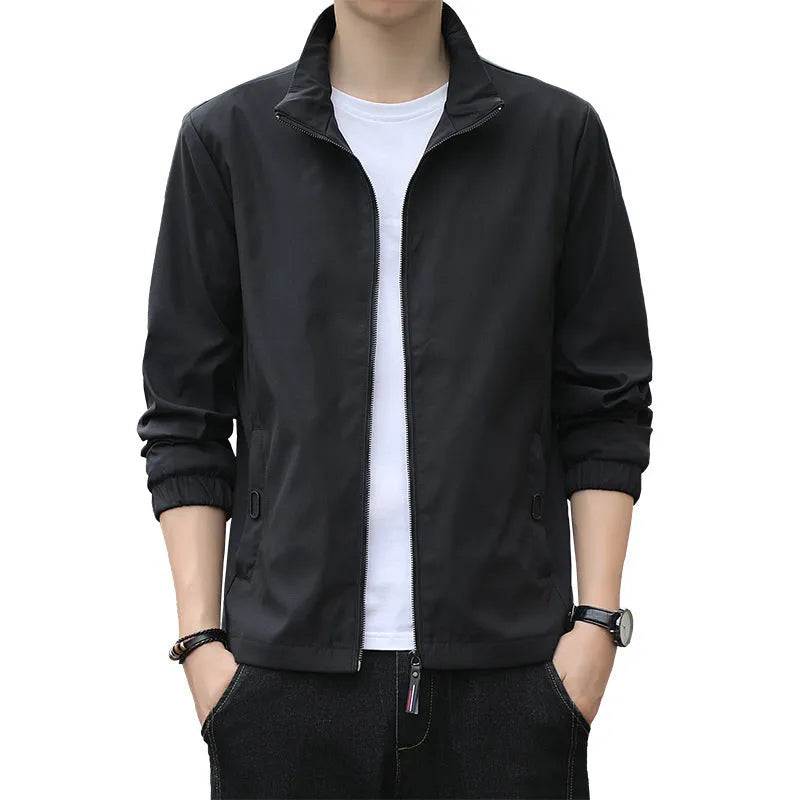 Korean-style loose fit lapel jacket in blue, shown on a model, featuring zipper pockets.