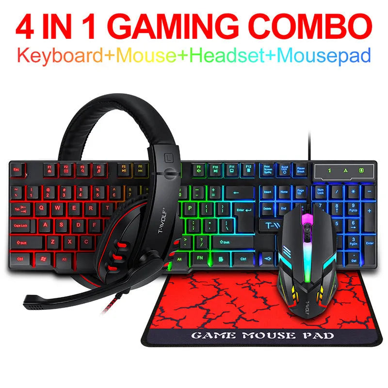Thunder Wolf gaming keyboard mouse headset set with luminous backlight and large mouse pad