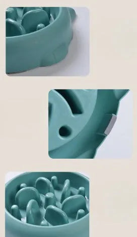 Pet slow feeder bowl in green with fun-shaped obstacles to slow eating and prevent gulping