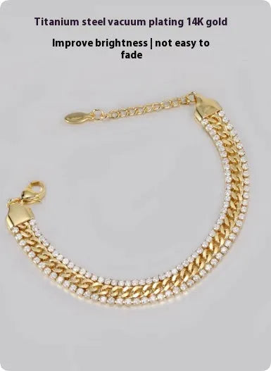 Gold tennis bracelet with titanium steel construction and artificial gemstone inlay for unisex hip hop styling