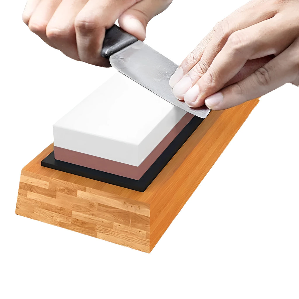 White corundum double-sided 3000/8000 grit whetstone set with bamboo base for kitchen knife sharpening