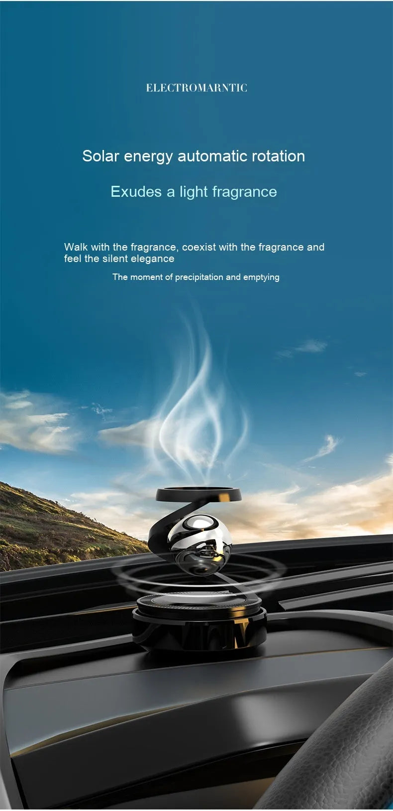 Car aromatherapy solar decoration perfume unit for vehicle odour removal and interior fragrance.