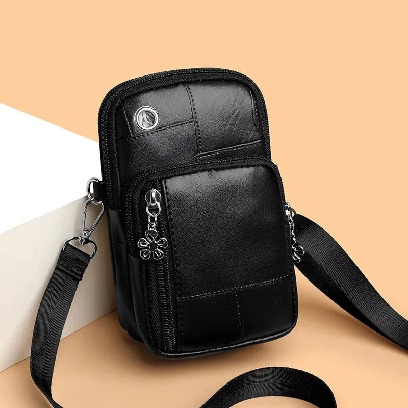 Vertical square mini phone bag in four colour options with sandwich pocket design