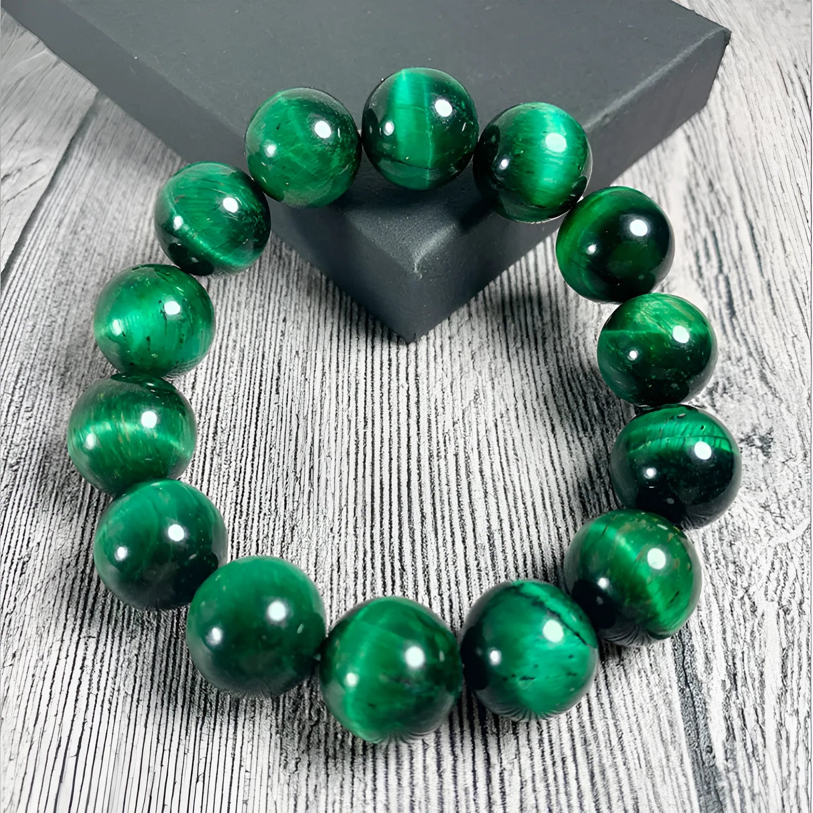 Natural green tiger eye stone bracelet with polished geometric beads