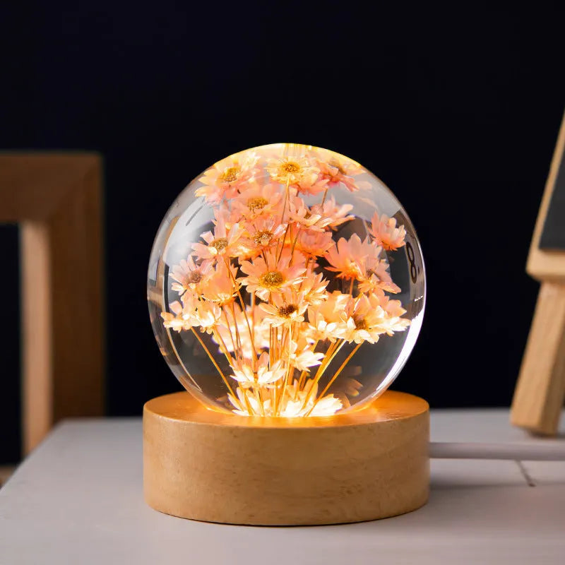 3D dandelion crystal ball night light on beech wood stand with USB cable
