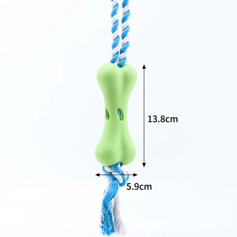 Green porous bone and rope knot dog chew toy for treat stuffing and gnawing teeth relief