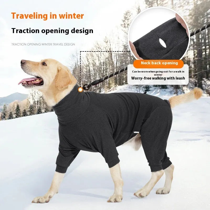 Polar fleece dog clothes with high collar in dark grey colour, showing four-legged design
