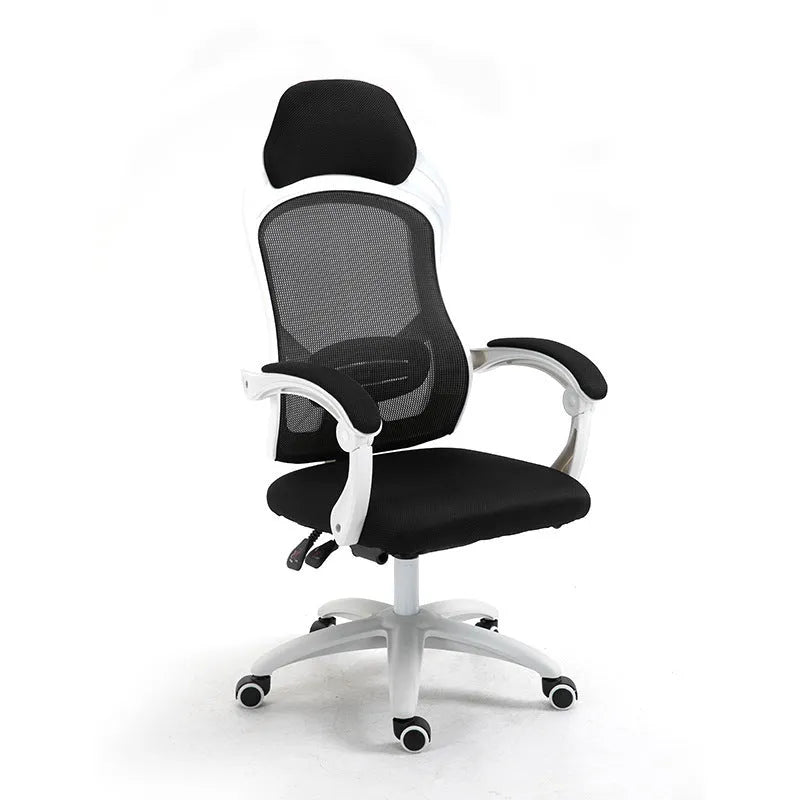 Black ergonomic computer gaming chair with linkage armrests and nylon wheels