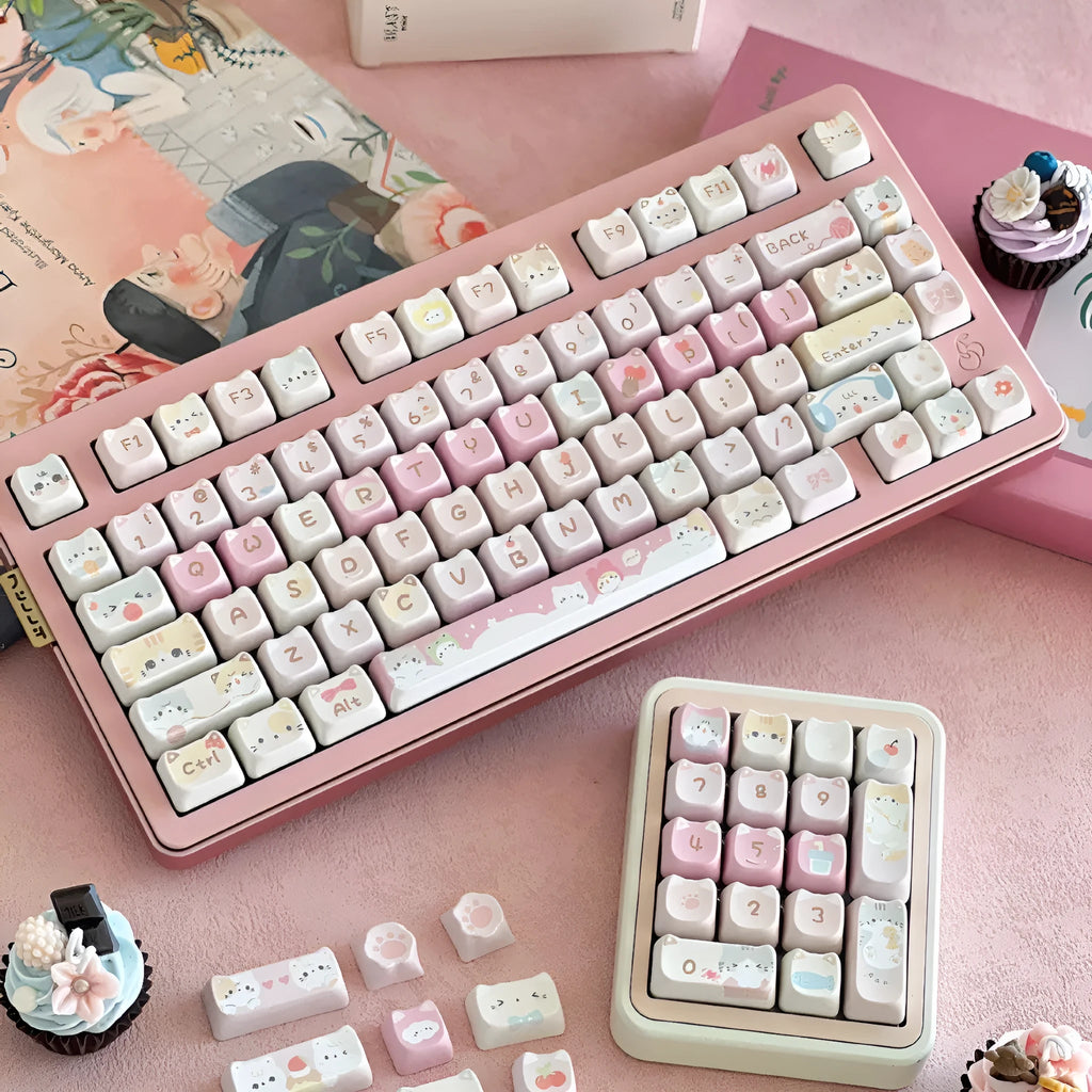 Meow Meow Team mechanical keyboard keycap set showing 141 plastic keys with sublimation printing on all sides