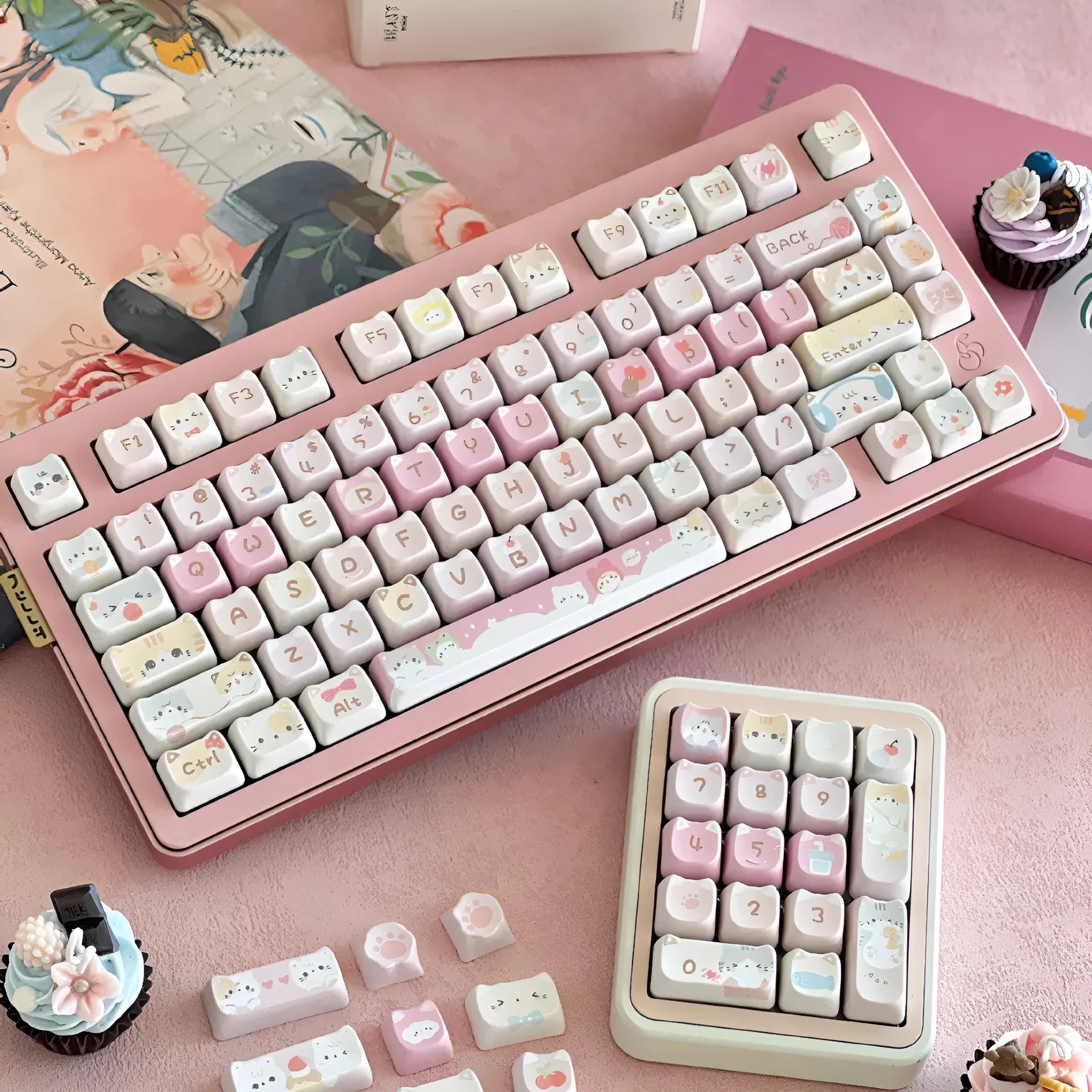 Meow Meow Team mechanical keyboard keycap set showing 141 plastic keys with sublimation printing on all sides