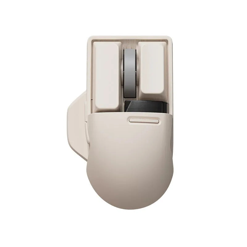 Tofu-coloured three-mode wireless mouse with ergonomic design on a desk.