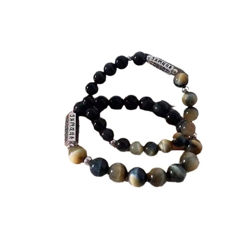 Tigereye Obsidian S925 Sterling Silver Six Words Mantra couple bracelet set for men and women