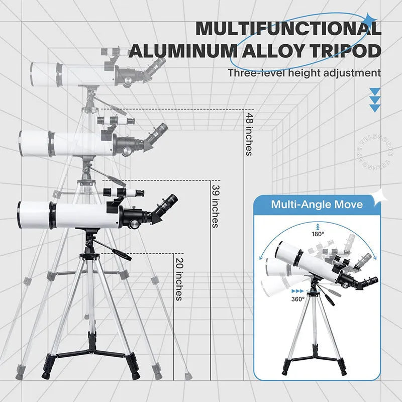 Metal astronomical telescope 80600 with telephone adapter and nylon bag on a table