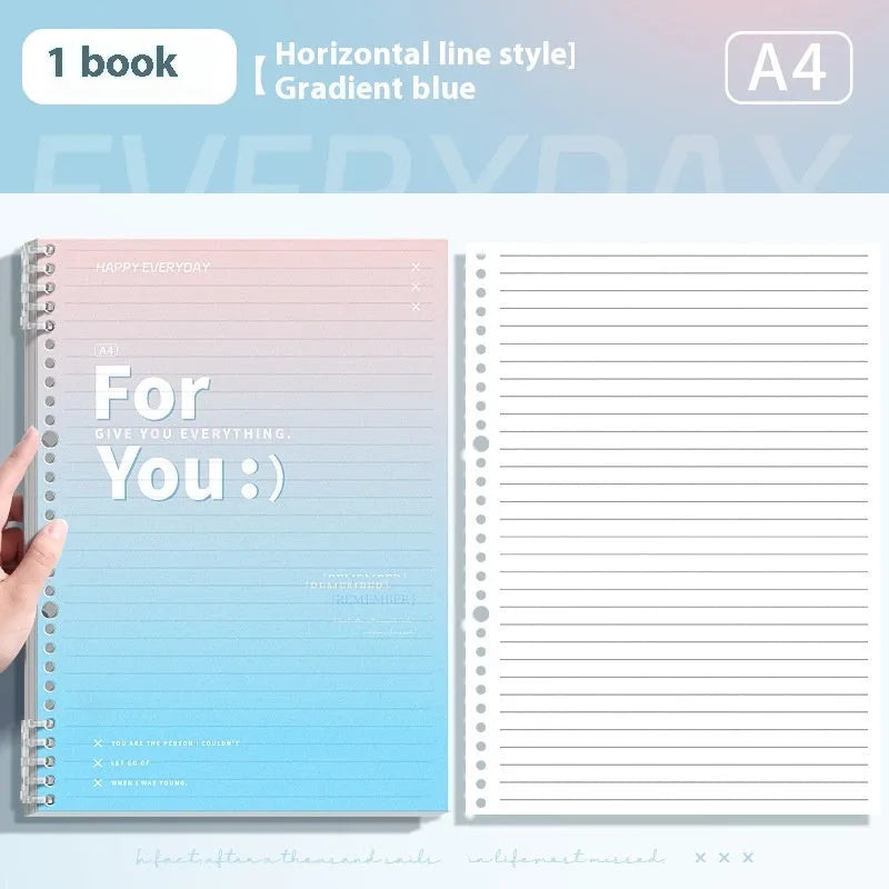 Removable coil gradient notepad in blue, green, pink, or purple with grid paper.