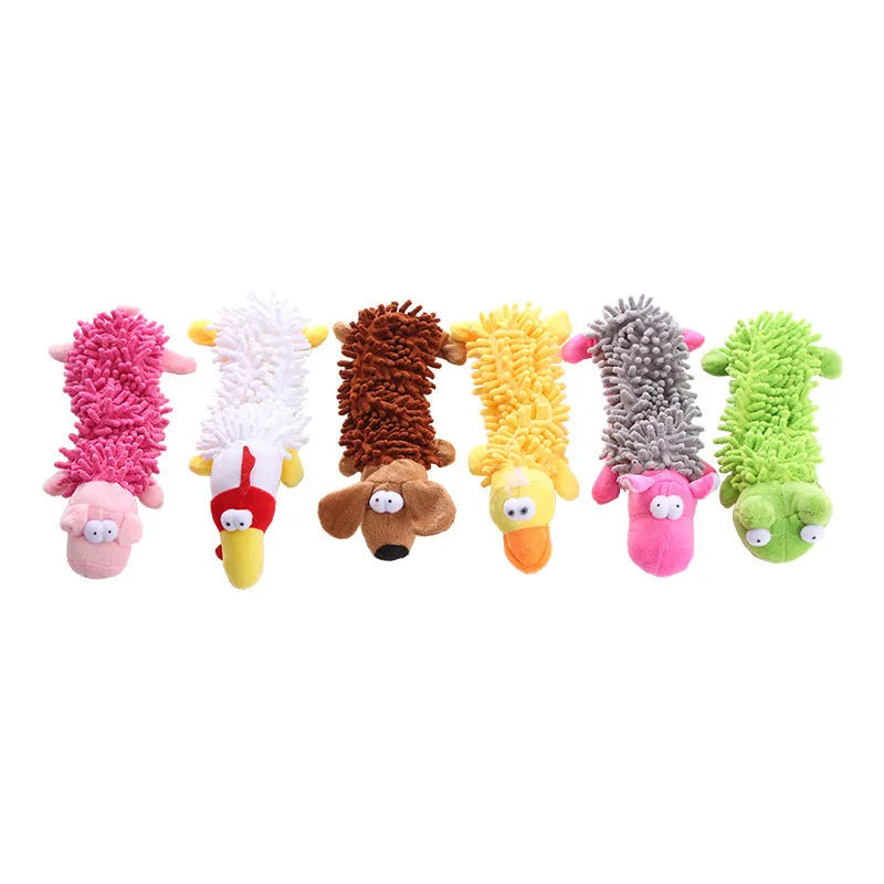 Plush microfiber molar-shaped dog chew toy in assorted animal designs including dog, duck, pig, and frog.
